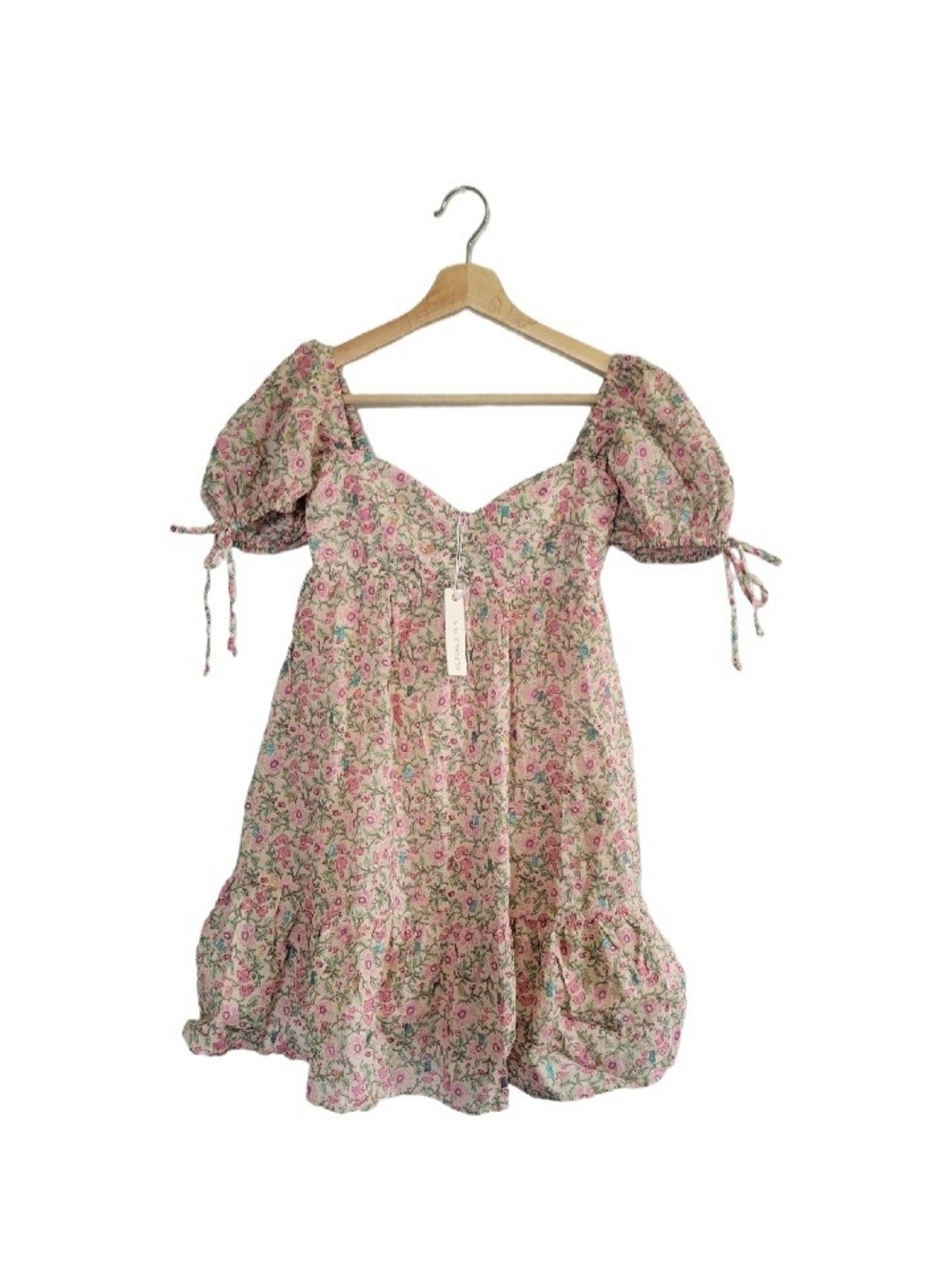 NWT OLIVACEOUS Floral Puff Sleeve Babydoll Mini Dress Sz S Cottagecore